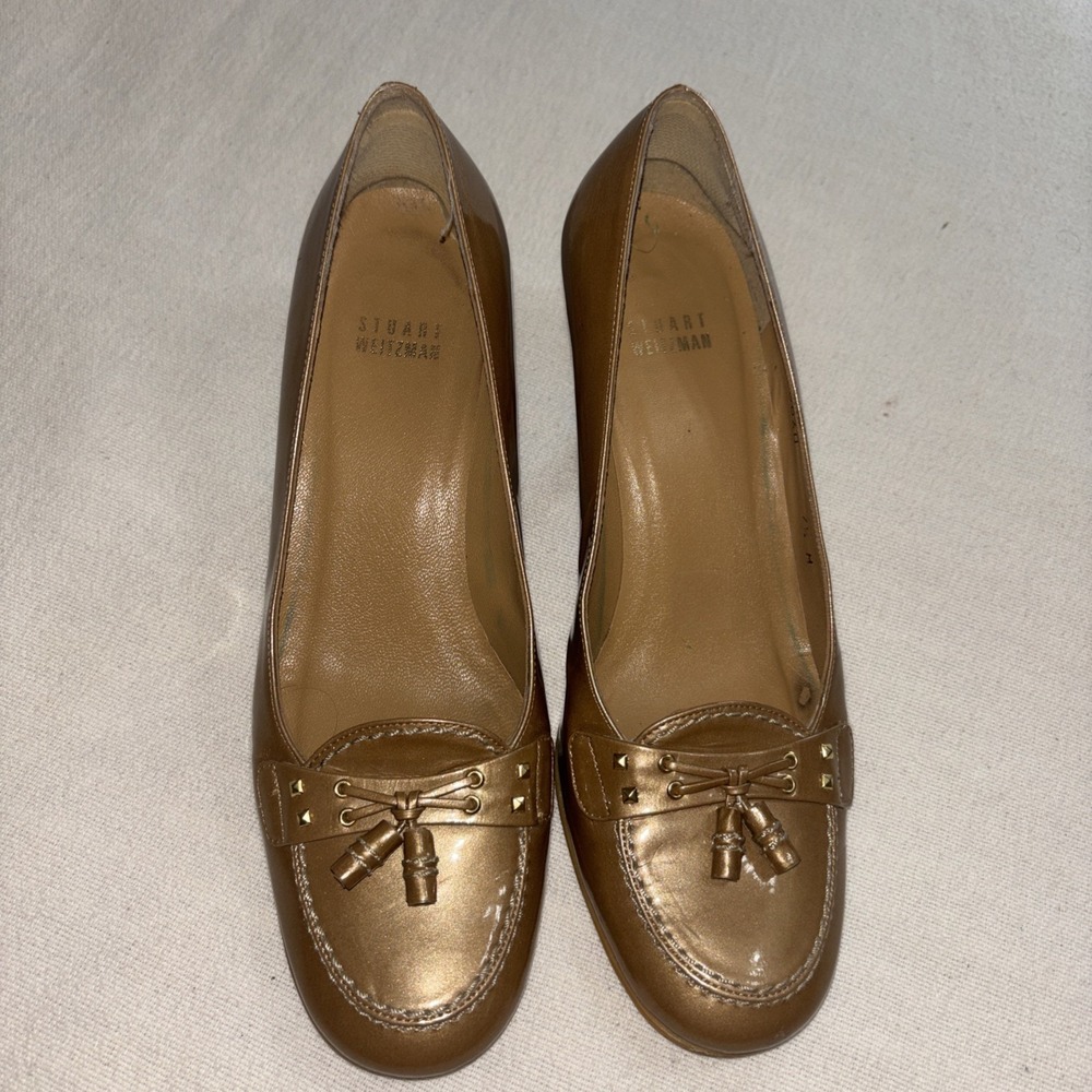 Stuart Weitzman Beige Patent Leather Heels Tassels Women's 7.5 Business Formal
